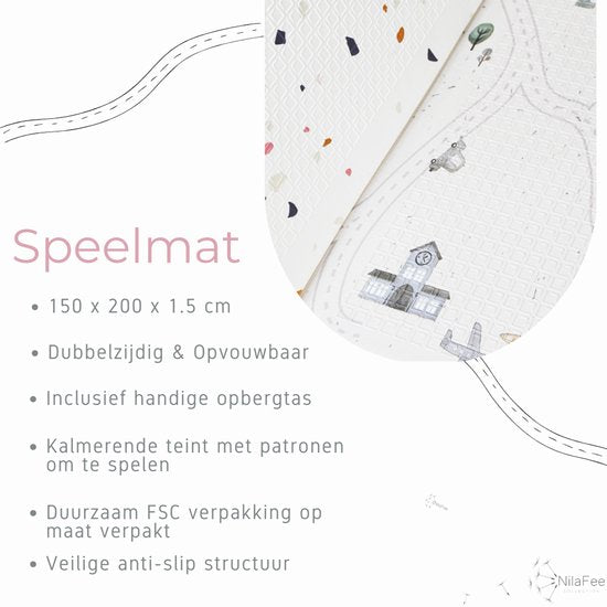 NilaFee® - Speelmat Baby - Speelkleed - Anti slip - Opvouwbaar - Opbergtas - 150 x 190 x 1 cm - XPE - Waterafstotend - Auto - Trein - Terrazo White
