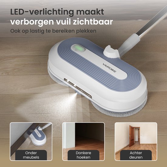 Vapore Elektrische Dweil Draadloos - 150×150 RPM Dual Rotatie - 40 min Accu - LED Verlichting - Vloerreiniger - Alle Harde Vloeren - Stil 77.5 dB - Dweilsysteem met Spray
