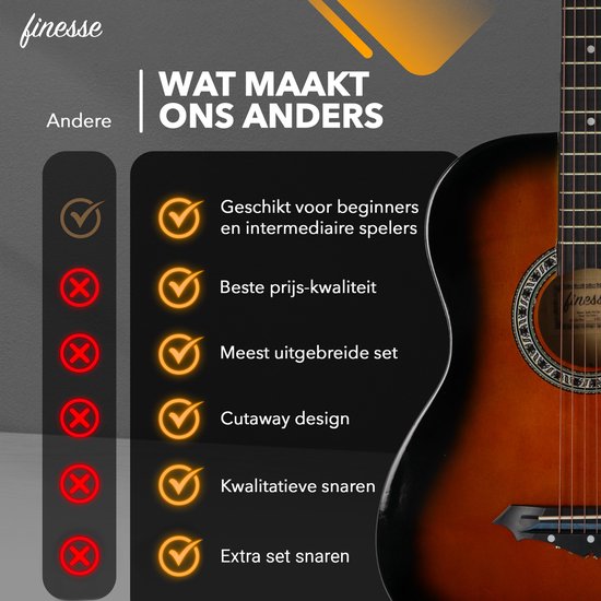 Finesse Akoestische Gitaar - met Videocursus - Western Gitaar - Gitaar Kind & Volwassenen - Sunburst