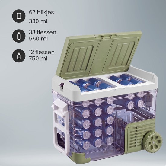 Auronic Elektrische Koelbox - Compressor - 2 Zones - 45L - 12/24V en 240V - Koelen en Vriezen - Camping Koelkast - Frigobox Auto - Met Wielen en Hendel - Groen