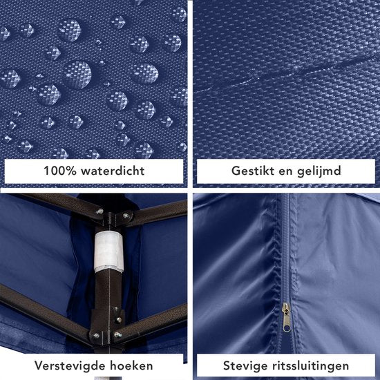 LifeGoods Partytent - Paviljoen - EasyUp - Opvouwbaar - 4 Zijwanden - Waterdicht - Met Draagtas met wieltjes - 3x3 Meter - Donkerblauw