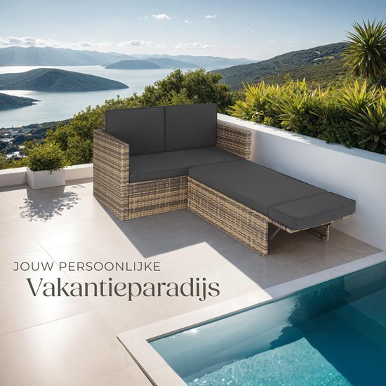 tectake® Wicker loungebank - Met voetenbank - Voor 2 personen - Loungebank met zit- en rugkussens - Weerbestendig - Ideaal voor terras, serren en balkon - Afmeting bank (LxBxH) 119 x 64,5 x 71,5 cm - Natuur