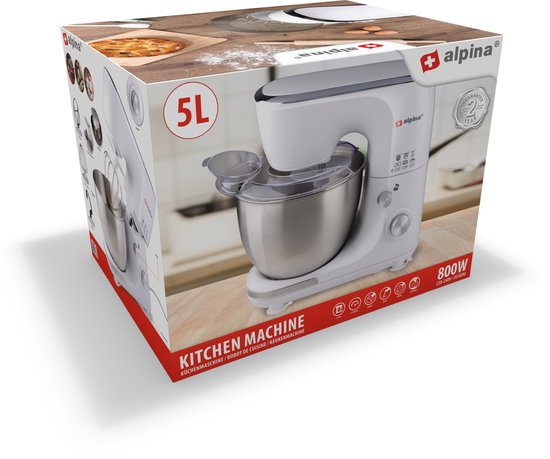 alpina Keukenmachine - Keukenrobot - 5L RVS Mengkom - 3 Accessoires - Wit
