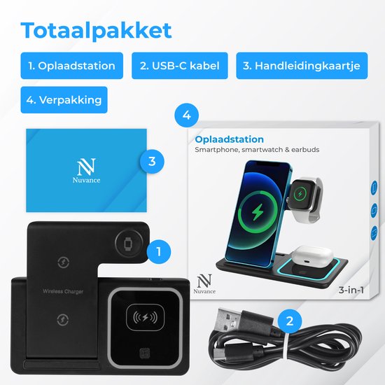 Nuvance Draadloze Oplader - 3 in 1 - 15W - Oplaadstation - Snellader - Draadloze Lader - voor Smartphone, Smartwatch & Oortjes