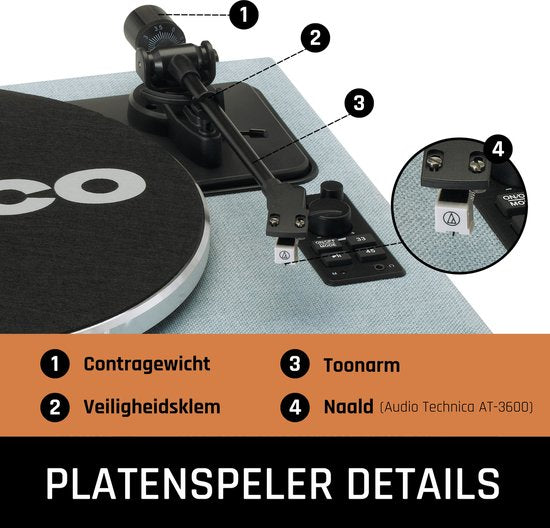 Lenco Platenspeler met Bluetooth - Vier ingebouwde Speakers 40W RMS - LS-440BUBG - Blauw Grijs