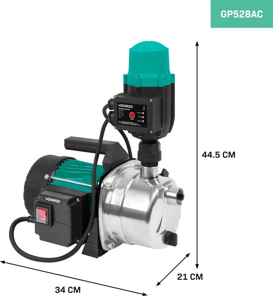 VONROC Hydrofoorpomp – Automatische Waterpomp – 1000W & 3500 l/u – Droogloopbeveiliging – 44 x 22 x 30 cm – Zwart/RVS