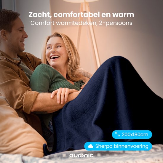 Auronic Elektrische Deken - Warmtedeken - Sherpa Fleece - 9 Hitte en Timerstanden - Bovendeken - 200x180 - 2 persoons - Blauw