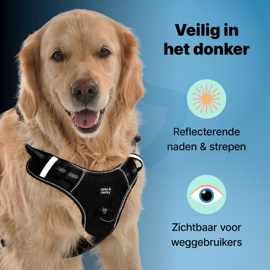 Jake and Jacky Hondentuigje - Anti-Trek Tuig - Hondenharnas - Y Tuig Hond - Reflecterend - Zwart - Maat XL