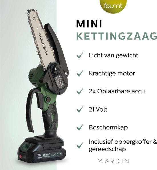 Mardin Mini Kettingzaag - Elektrische Takkenzaag - Snoeizaag - Houtzaag - Handkettingzaag - Boomzaag - Zaagmachine - Heggenschaar - 2 Accu's - Opbergkoffer - Groen