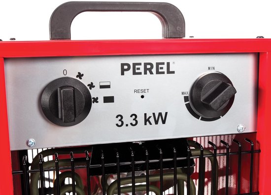 Perel Elektrische ventilatorkachel 3300W, 2 warmtestanden, thermostaat en koelstand, IP24, met oververhittingsbeveiliging, compacte draagbare heater voor werkplaats, garage, hobbyruimte