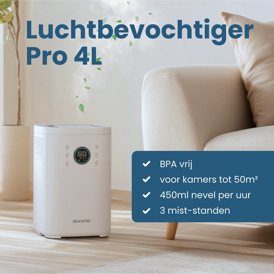 Auronic Luchtbevochtiger - 4 Liter - 40m2 - Geschikt voor Woonkamer, Kantoor, Slaapkamer, Babykamer en Meer - Met Aromatherapie - BPA-Vrij - Wit