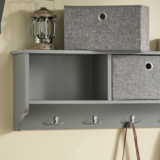 SoBuy FRG282-HG-FSC Wandkapstok - Grijze Wandplank met Manden & Haken