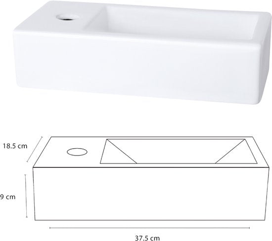 Differnz Helios Fonteinset 37,5x18,5x9 cm – Wastafel Keramiek Wit – Met Koudwaterkraan Links Recht Mat Goud – Fonteinset Toilet – Incl. Sifon & Always-Open Afvoerplug – Wandmontage