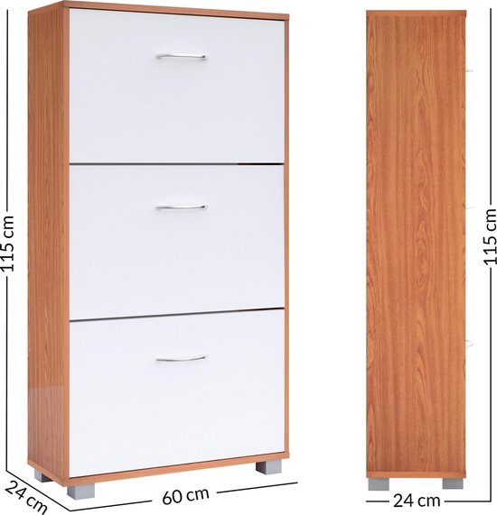 Schoenenkast – 3 Kleppen – 115x60x24cm – 18 Paar Beuken/Wit
