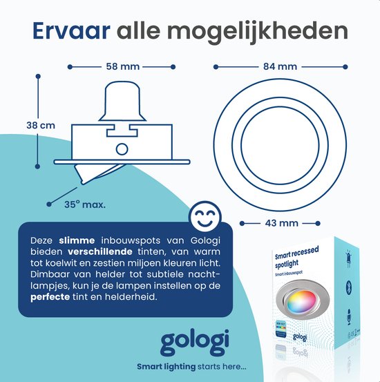 Gologi Slimme Inbouwspots - Smart LED Downlight Dimbaar - Kantelbaar - RGB+CCT Licht - Gu10 LED Lamp - Wit