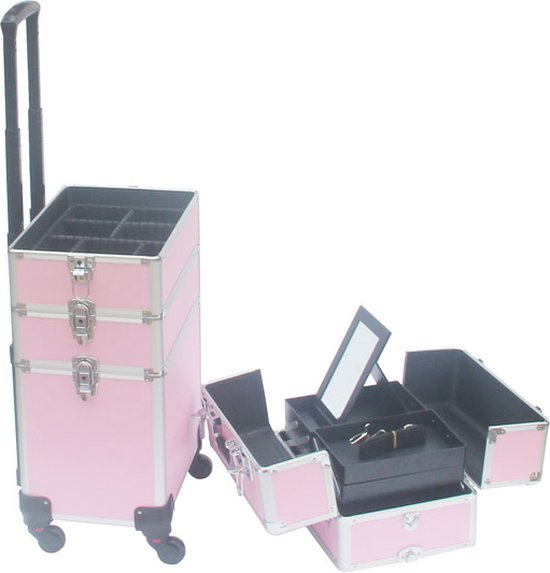 VDD Visagie make up koffer trolley - cosmetica schminken nagel koffer - 4 in 1 - Roze