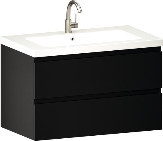 Mirlux Badkamermeubel Mat Zwart 80 cm - Wastafel Wit - Badmeubel - Wastafelmeubel Mat Zwart