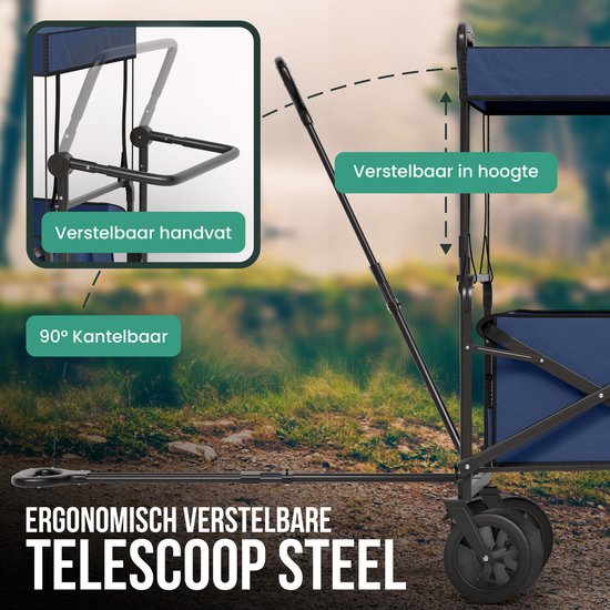 Avalo Bolderkar Met Dak XL Opvouwbaar - Tot 110KG Draagvermogen - 120L - 97x60x105 CM - 360º Wielen - Bolderwagen / Bolderkarren / Strandkar / Trekkar / Plooibare Bolderkar - Voor Strand - Blauw