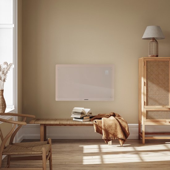 VONROC Luxe elektrische kachel - Convectorkachel met glazen paneel – 1000W/2000W- Verwarmt ruimtes tot 24m2 - Bediening zowel met app (via Wifi) als handmatig – Instelbare thermostaat en timer - Beige