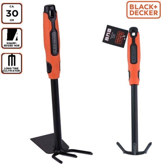 BLACK+DECKER Dubbele Schoffel - 3 Pinnen en Hak - 30 CM - Ergonomisch Handvat - Zwart/ Oranje
