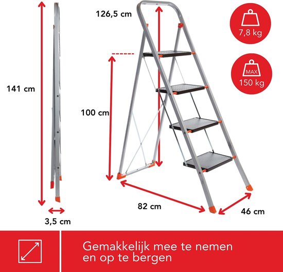 Toolland Stepix trapladder, 4 treden, inklapbaar, huishoudtrap met hoge beugel, antislipvoetjes en antislipprofiel op de twee treden, epoxycoating, metaal, draagvermogen tot 150 kg