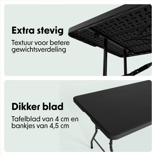 LifeGoods Inklapbare Picknickset – Voorzien Van Zwarte Houtnerf Look En Kofferontwerp En 2 Banken – Voor Tuin En Camping – Zwart HDPE En Staal – 180 x 74 cm