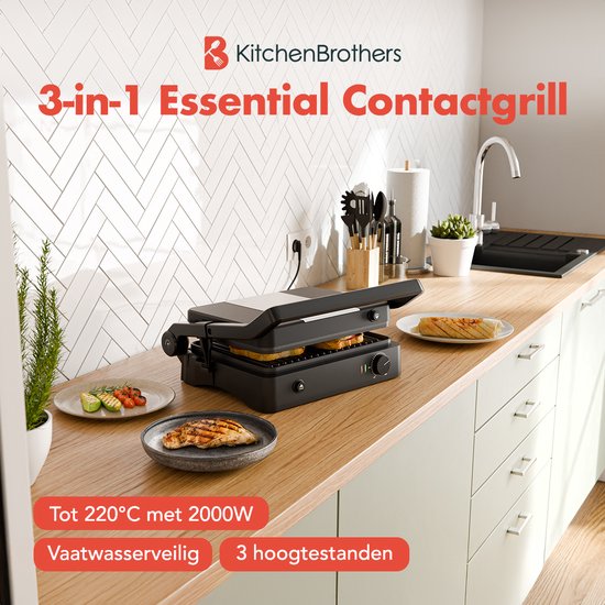 KitchenBrothers Contactgrill - Grill Apparaat - Uitneembare Grillplaten - Panini Grill - 3 hoogtestanden - Tosti ijzer - 2000W - Zwart