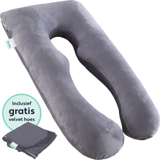 Litollo® Zwangerschapskussen XXL - Voedingskussen - Lichaamskussen - Body pillow - 280cm - Zachte fleece stof - Grijs - Met gratis extra afneembare hoes (t.w.v. €29,95)