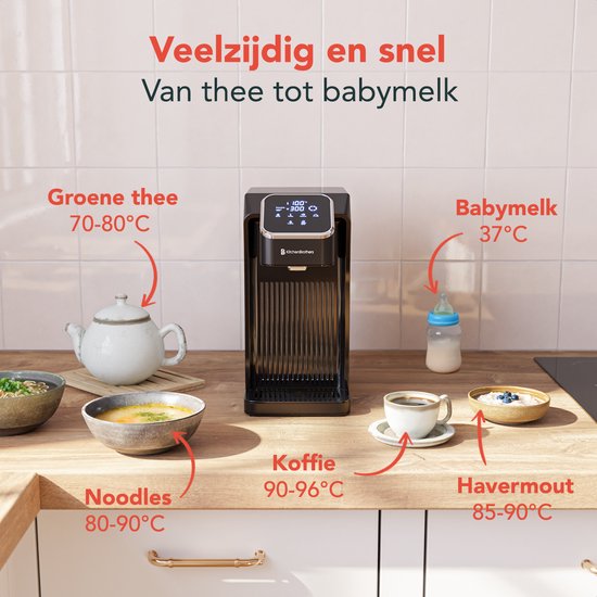 KitchenBrothers Heetwaterdispenser - Heetwatertap - 40-100°C - 100/150/200/250/300/350/400 ml - Instant Waterkoker - 2.7L - Zwart