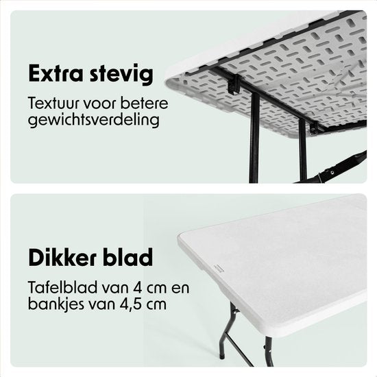 LifeGoods Inklapbare Picknickset - 180cm x 74cm - Tuintafel met 2 Banken - Weerbestendig - Campingtafel - Biertafel Opklapbaar - Voor Binnen en Buiten - Voor 6 tot 8 Personen - Wit