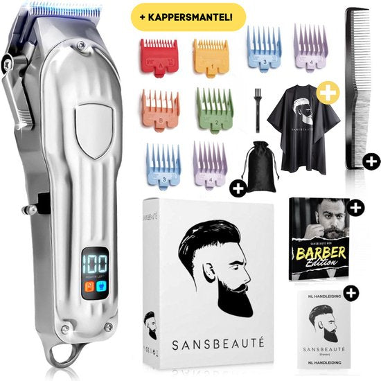Professionele Draadloze Tondeuse + Kappersmantel - Tondeuse Mannen Hoofdhaar - Sansbeauté® - Cheveux Haar - Haartrimmer - Kapper Haar Machine - Haartondeuse - Trimmer Baard - Trimapparaat - Barber Hair Clipper - Kapper Trimmer - Kappersset