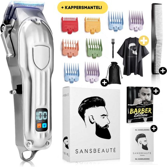 Professionele Draadloze Tondeuse + Kappersmantel - Tondeuse Mannen Hoofdhaar - Sansbeauté® - Cheveux Haar - Haartrimmer - Kapper Haar Machine - Haartondeuse - Trimmer Baard - Trimapparaat - Barber Hair Clipper - Kapper Trimmer - Kappersset