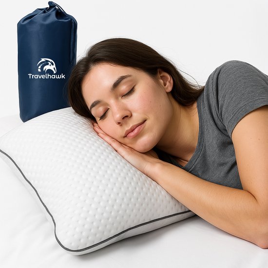 Travelhawk Reiskussen - Kampeerkussen - Nekkussen - Mini Hoofdkussen - Memory Foam - Inclusief Opbergtasje – Compact & Ademend – 55x36x11cm