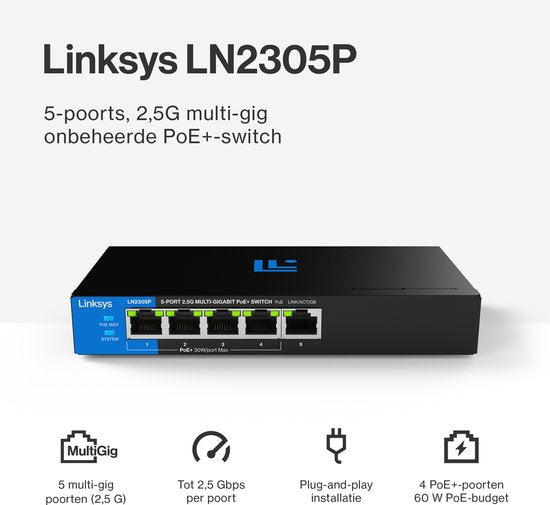 Linksys LN2305P 5-Poorts 2.5 Gb Unmanaged PoE+ Switch - Zwart - Compact