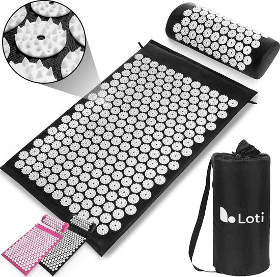 Loti Spijkermat met Spijkerkussen – Zwart/Wit – Acupressuur Mat - Spijkerbed - Acupunctuur Kussen - Shakti Massage – Incl. Draagtas