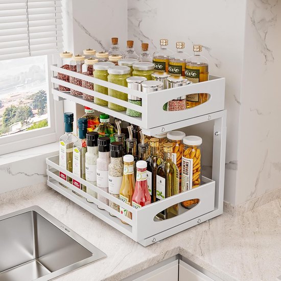Posity Keukenkast Organizer - Gootsteenkast Organizer - Aanrecht Organizer - Opbergrek - Badkamer Organizer - Keukrenrek - Uitschuifbaar - Metaal - Wit