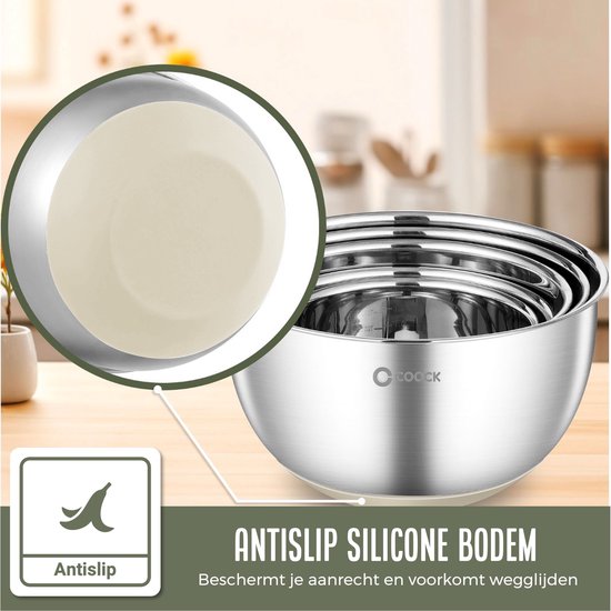 COOCK RVS Mengkommen set met Deksel - Beslagkommen met deksel - Bewaarbak met Rasp - Schaal voor Salades & Mengen - 22 Delige Set 1,5 t/m 5 Liter – Beige - Incl. Maatschepjes