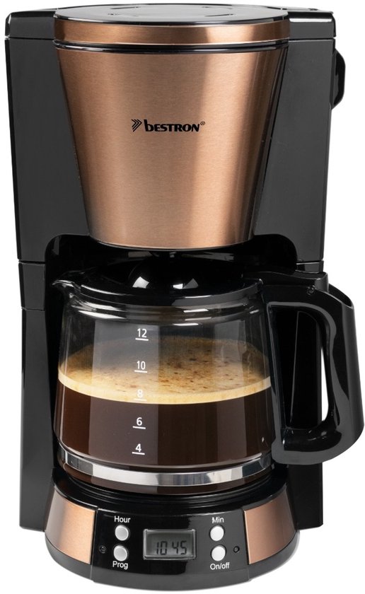 Bestron ACM800CO Koffiezetapparaat – 1,5L – 12 Koppen – Programmeerbare Timer – Warmhoudplaat – Permanentfilter – 1000W – Koper