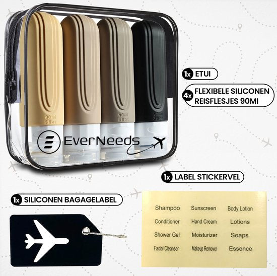 EverNeeds Reisflesjes Met Etui - Navulbaar - Siliconen Reisflesjes Handbagage - Apricot - 4 Stuks