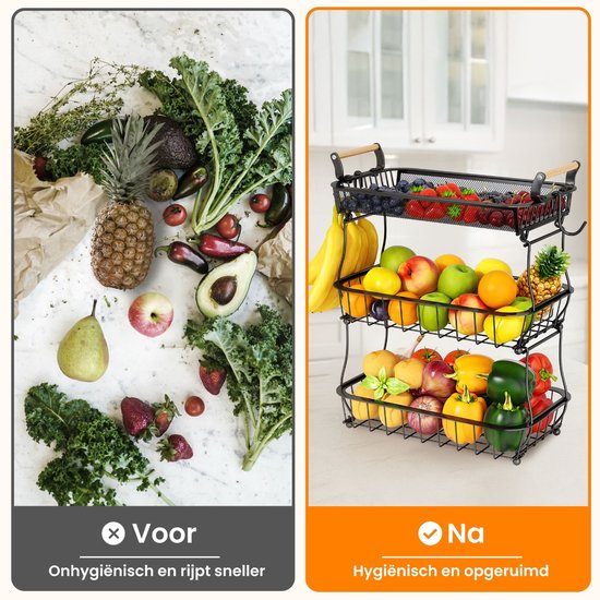 Posity Fruitschaal 3 Laags - Fruitmand - Fruit Etagere - Groentemand - Draadmand - Met bananenhouder - Hout & Metaal - Zwart