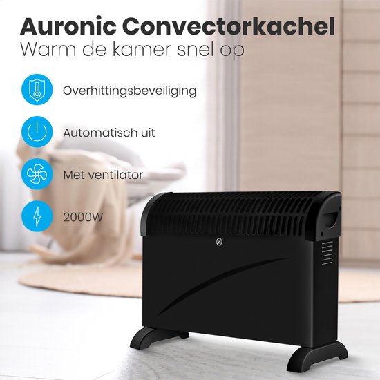 Auronic Elektrische Convectorkachel - 750/1250/2000 Watt - Met Ventilator - Verwarming - Ventilatorkachel - Zwart