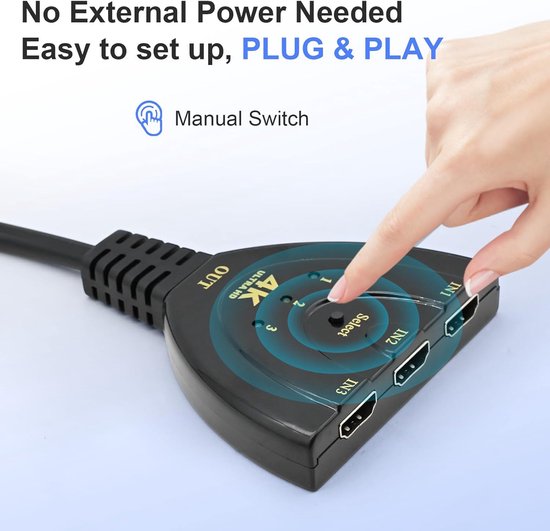 HDMI splitter - HDMI switch - 4K Ultra HD - 3 ingangen - 1 uitgang - HDMI Splitter - Hoge snelheid 3 poorten - Splitter 3-in-1-uitgang - geschikt voor tv, pc, Roku, Fire TV Stick, Xbox, PS5, PS4, Blu-Ray, projector, HD-monitor