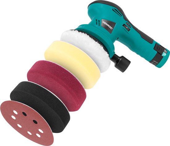 VONROC Polijstmachine 12V - Ø 125mm - dual action - 2-in-1: polijsten en schuren - Incl. Accu, usb-c kabel, 4 polijstschijven en schuurpapier