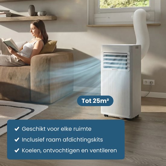 Auronic Mobiele Airco - 9.000 BTU - 3-in-1 - Airconditioning met 2 Raamafdichtingskits - Ventilator - Ontvochtiger - tot 25m² koelen - Wit