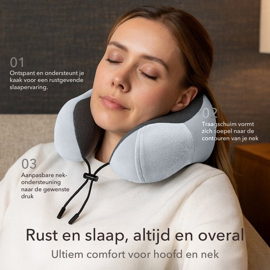 SC Travel Essentials - Nekkussen Set 3-delig - Ergonomisch Memory Foam Reiskussen met Oogmasker en Oordoppen - Ideaal voor Vliegtuig, Auto en Trein - Compact en Luxe - Lichtgrijs