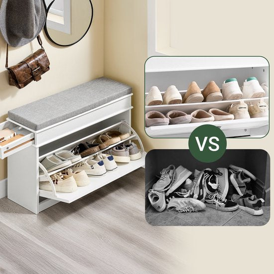 SoBuy FSR82-L-WG Schoenenkast entreebank – schoenenbank met toiletzitting en schoenenopbergkussen voor hal, woonkamer 75 x 24 x 51 cm, capaciteit 180 kg, wit antiek houteffect