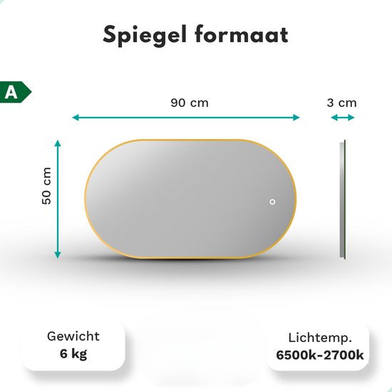 Mirlux Badkamerspiegel met LED Verlichting & Verwarming – Wandspiegel Ovaal – Goud Frame - 90x50CM