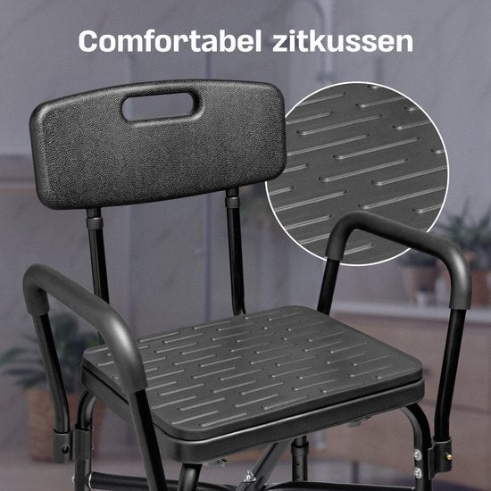 Sanicraft® Douchestoel - Douchekruk met Armleuning & Douchekophouder - Stoel & Kruk in 1 - Verstelbare Hoogte - Anti-Slip Poten - Zwart