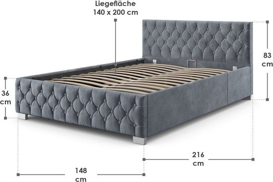 Juskys - Gestoffeerd Bed Nizza - 140 x 200 cm - Grijs & Fluweel - Met LED Verlichting & Bedlade - Modern Design - Inclusief Lattenbodem