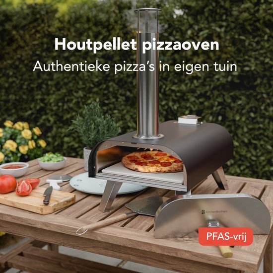 KitchenBrothers Pizza Oven - Houtgestookt - Tafelmodel - Met Beschermhoes - PFAS-vrij - Inklapbaar - Pizzasteen - tot 460°C Pizza maker - Complete Set - Pizzaoven voor Buiten - Zwart/RVS